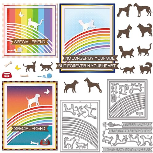 GLOBLELAND Regenbogenbrücke Metall Stanzschablone Katze Hund Papierpräge Stanzschablonen Set Hintergrundrahmen Stanzformen für Kartenherstellung DIY Papier Scrapbooking Handgefertigtes Fotoalbum