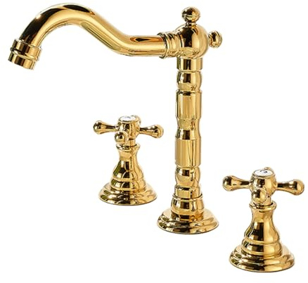 TYMYW Rubinetto Bagno Lavabo 3 Fori con Due Maniglie in Ottone Oro | Girevole 360° Miscelatore Bagno vintage,montaggio su lavabo