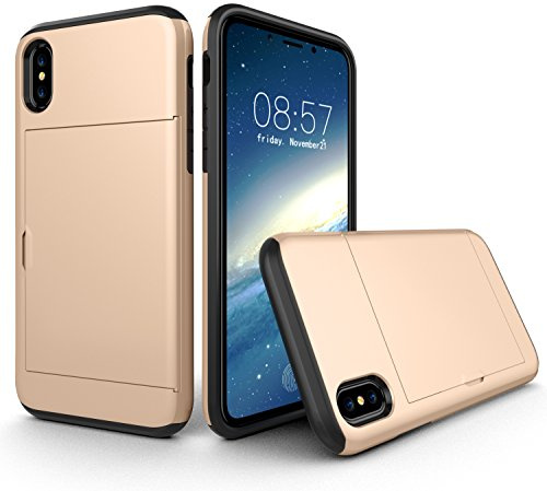 XYZNTMF for iPhone XS Case iPhone X Shockproof Phone Case with Card Holder Soft Silicone TPU Bumper Matte Hard PC Shell Heavy Duty Protective Skin Cover Rubber Case, Gold