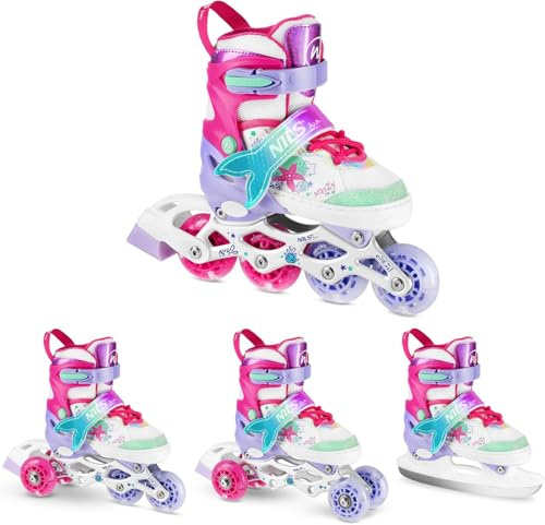 Set 4in1 Inliner Rollschuhe Triskates Schlittschuhe VERSTELLBAR mit LED Rollen für Kinder und Mädchen Inlineskates umbaubar zu Rollerskates Meerjungfrau Größen: 31-34, 35-38