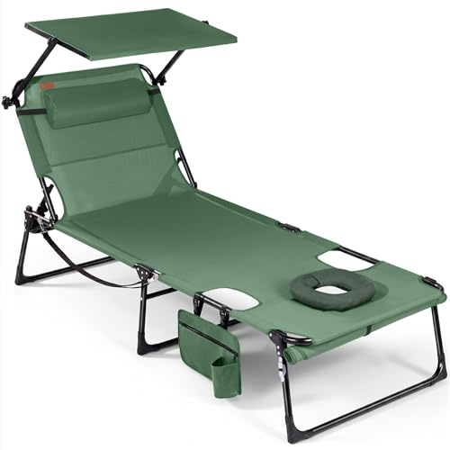 Homecall XXL Sonnenliege mit Gesichtsöffnung & Sonnendach, 200 x 70 cm Gartenliege für Bequeme Bauchlage, klappbarer Liegestuhl mit 4-Fach Verstellbarer Rückenlehne, bis 180 kg (2, Grün)