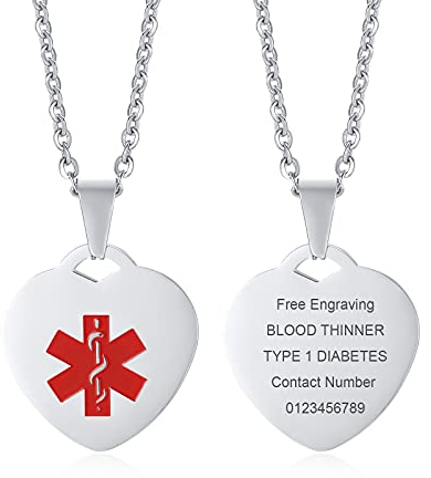 VNOX Männer Frauen Edelstahl Herz Tag Medical Alert ID Anhänger Halskette mit Qualität Silber Kette,Free Gravur