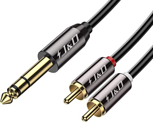 J&D 6,35 mm à 2RCA Câble, RCA Câble Plaqué Or Coquille de Cuivre Heavy Duty 6,35mm (1/4 Pouce) Mâle TRS à 2 RCA Mâle Adaptateur Audio Stéréo RCA Câble, 1.8 Meter