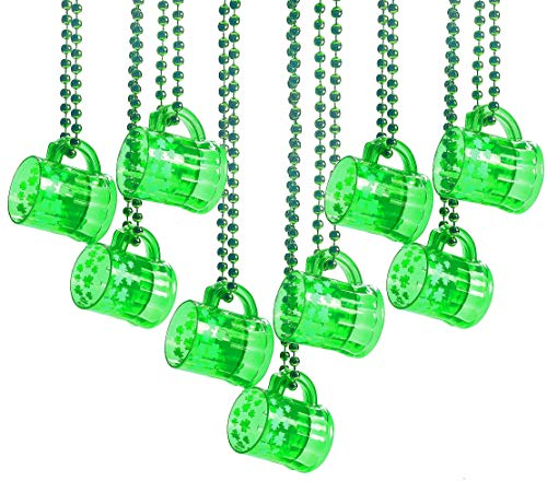 4E's Novelty St Patricks Day Beads Necklace With Shot Glasses Beer Mug Pack of 12 – Green Irish Gifts Party Favors Supplies, Costume Accessories (Transparent Green With Shamrock)