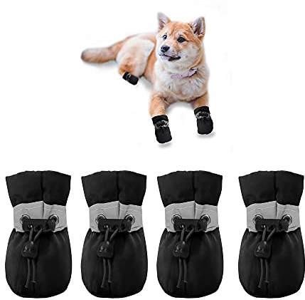 YAODHAOD Hundestiefel Pfotenschutz Welpe, Anti-Rutsch-Hundeschuhe Diese bequemen, weichen Sohle sind mit reflektierenden Riemen für kleine Hunde (4: L 4.5 cm*W 4 cm, Schwarz)