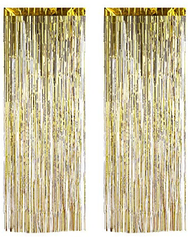 Relaxdays Partyvorhänge 2er Set, Partydeko für Geburstag & Hochzeit, Metallic, Fadenvorhang Glitzer, 100 x 250 cm, gold