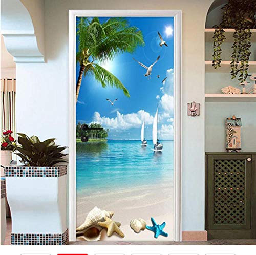 DSAOMO Stickers Porte Trompe l'oeil Vue sur la mer - Scene de Jeu vidéo Vinyle Imperméable Rectangulaire 77x200cm (2 pièces) Bleu pour Salon Chambre - Indoor - Usage unique