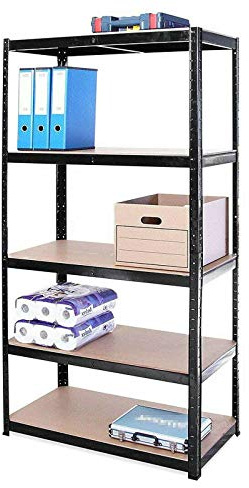 Heavy Duty Shelving, Garage Storage Shelves, Metal Racks， 5 Levels, Thick Stainless Steal Frame with MDF Shelves Boltless Assembly 180cm High X 90 Wide X 40 Deep - Black