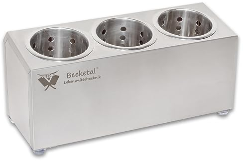 Beeketal 'BBK-3' Profi Gastro Besteckbehälter aus Edelstahl poliert inkl. 3 Köcher einreihig, entnehmbare Besteck Köcher, Oberfläche leicht abgeschrägt - Abmessung (L/B/H): ca. 385 x 150 x 185 mm