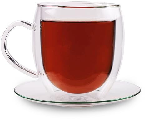 Feelino® Doppelwandige Teegläser (1x350ml) inkl. 6x schwarzer Tee, Teeblumen Geschenkset |Teegeschenk: Doppelwandige Gläser + Erblühtee, Thermogläser doppelwandig inkl. Tee Geschenkset, Tee Set