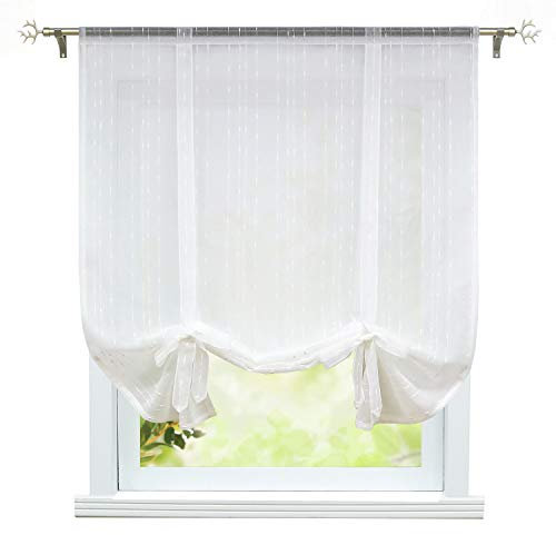 ESLIR Raffrollo Leinen Raffgardine Tunnelzug Landhaus Gardinen Küche Halbtransparent Bändchenrollo Vorhänge Weiß BxH 140x140cm 1 Stück