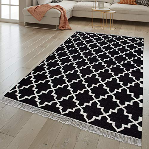 TT Home Wohnzimmer Teppich Orient Design Handgewebt Mit Fransen Mit Wolle Schwarz, Größe:120x170 cm