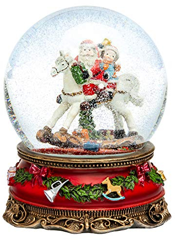 SIKORA SK19 Große XL Glas Deko Schneekugel Weihnachtsmann auf dem Schaukelpferd D:150mm mit Spieldose