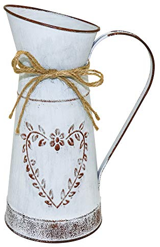 TTdayup Rustikale Bauernhausgriffvase Country Pitcher Blumenvase aus verzinktem Metall, Vintage Gießkanne Country Vase mit Bowknot-Seil-Dekor und Herzform für Home-Hochzeitsdekor - Medium 9 H