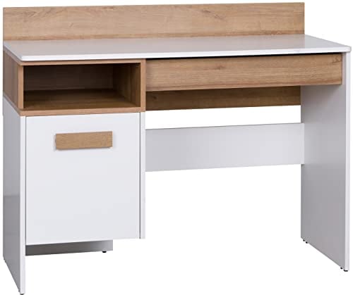 Marmex Grant G2 - Schreibtisch mit Regal, Schreibtisch mit Schublade und Schrank - Schreibtisch für das Kinderzimmer, Jugendzimmer - 110x87x55, Weiß + Riviera Eiche