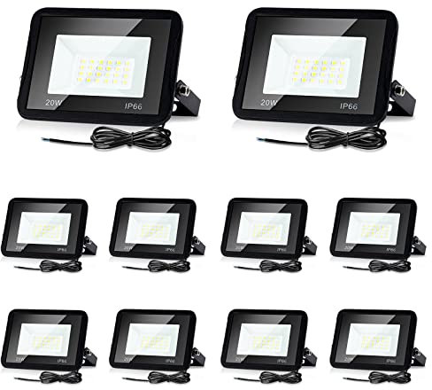 Lospitch Projecteur LED 10PCS 20W extérieur, Spot LED étanche IP66, projecteur extérieur super lumineux 1700LM, blanc froid 3000K, extérieur pour jardins, cours, garage, décoration de terrain de sport
