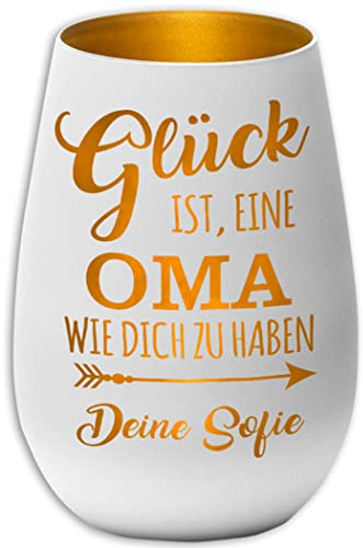 Windlicht mit Gravur - Glück ist eine Oma wie Dich zu haben - Weiß / Gold - mit Namen personalisierbar - Gravur - Teelichthalter - Kerzenhalter