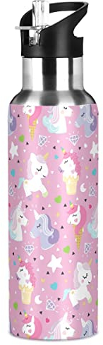 Bouteille d'eau en acier inoxydable avec paille, licorne poney - Bouteille d'eau isotherme pour enfants et adultes - Étanche - 1 l