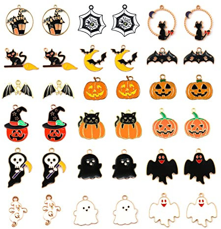 AIEX 36 Stück Halloween Anhänger, Emaille Halloween Charms Halloween Pendant Charm Anhänger für die Schmuckherstellung Kürbis Anhänger Geist Fledermaus DIY Handwerk