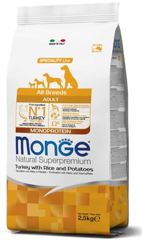 Monge Natural Superpremium Adult Turkey, Rice and Potatoes, Hundefutter für alle Rassen (Trockenfutter für Hunde mit Pute, Reis & Kartoffeln, sehr Ballaststoff- & Vitaminreich, 2,5 kg)