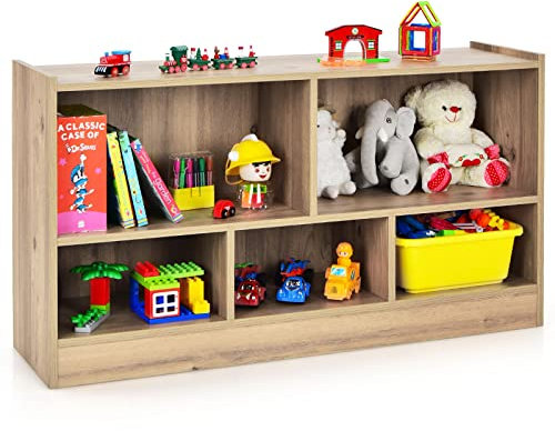 GYMAX Kids Storage Shelf Unit, 5-Cubby Wooden Children Bookcase, Toy Storage Organizer for Playroom Bedroom (Natural)