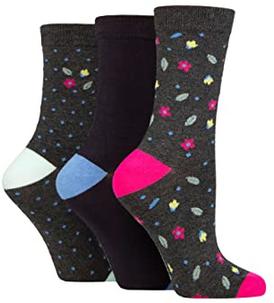 Glenmuir Womens Patterned Bamboo Socks Bright and Colourful, Fun Designs - Pack of 3 - Flowers Charcoal 4-8