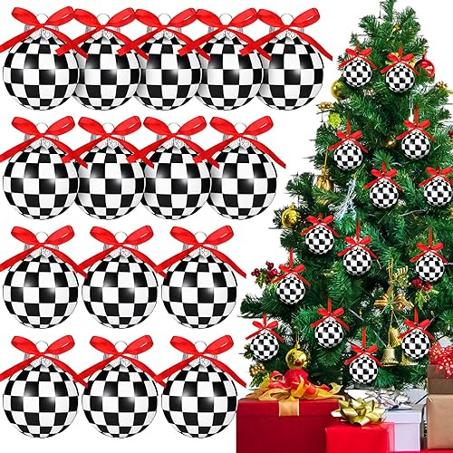 Chuangdi Weihnachtskugeln für Baum, schwarz-weiß kariert, modern, gestreift, gepunktet, 5,9 cm, Kunststoffkugeln für Urlaubsdekoration, 24 Stück