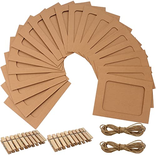 Roellgs 20-pack DIY creative paper frame picture pad hanging album holder with mini clip and hemp rope, 11.5 x 15.5cm, suitable for home wall decoration (Kraft paper color)