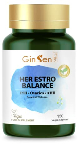 GinSen Her Estro Balance, AMH & Ovarian Health, Premium Nutrition for Female Hormonal Balance, 150 Capsules, Vegan Approved, Made in UK