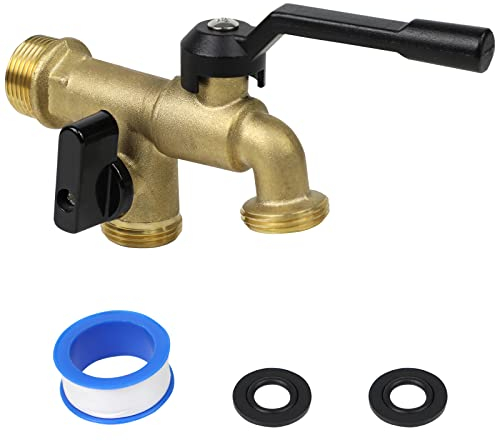 Outdoor Double Taps Water Faucet, Wall Mounted Garden Two 3/4 inch Brass Ball Valves Water Tap Splitter, Frost-Proof Outside Spigot Replacement with 2 Outlets for Home, Balcony, Hose Connector