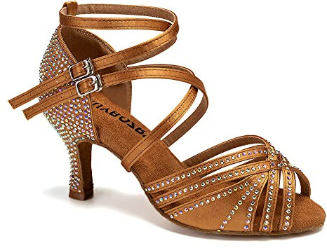 RUYBOZRY Zapatos de Baile Latino Mujer Brillantes Salsa Bachata Zapatos Baile de Salón Suela de Ante con Tacones 7,5cm Bronce EU 38