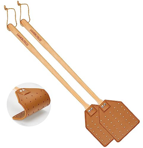 SAMEBUTECO Matamoscas de cuero resistente con mango de madera de banco, 19.7 pulgadas de longitud, ideal para un control eficaz de insectos (paquete de 2, marrón)