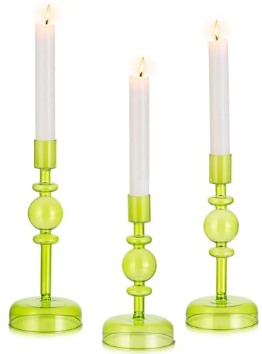 Inweder Kerzenständer Glas Kerzenhalter Stabkerzen: 3 Stück Kerzenständer Stabkerze Kerzenhalter Langer Halter Stabkerzenhalter Bunte Kerzenständer für Hochzeit Weihnachten Kamin Heimdekoration, Grün