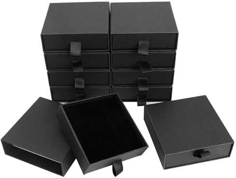 batifine Schmuckschatullen aus Pappe, 8,9 x 8,9 x 2,5 cm, mit Baumwolle gefüllt, kleine Schmuckschatullen mit Deckel für Halsketten, Ringe, Ohrringe, Präsentationsbox, Schwarz, 20 Stück