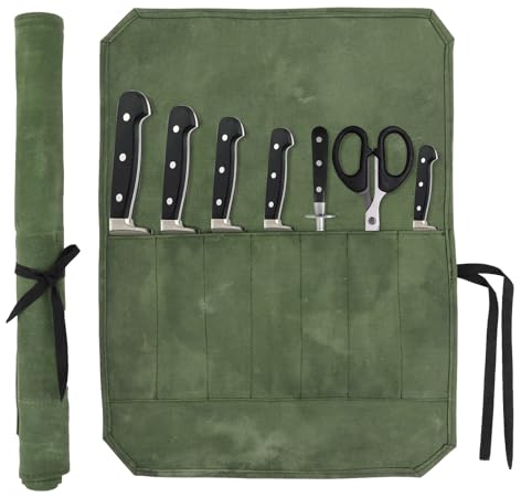 Minicoco Chefs Knife Roll Bag 7 Slots Waxed Canvas Chef Knife Roll Bag, Portable Knife Case Suitable for Chefs Cooks Hiking Camping(Green)