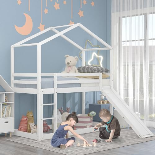 Letto casa per bambini, letto a castello basso con scivolo, struttura letto a castello in legno massiccio con rete a doghe 90 x 200 cm, bianco