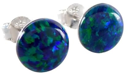 Lab Opal Ohrstecker aus 925 Sterling Silber rhodiniert 8mm Ohrringe für Damen und Mädchen (blau grün)