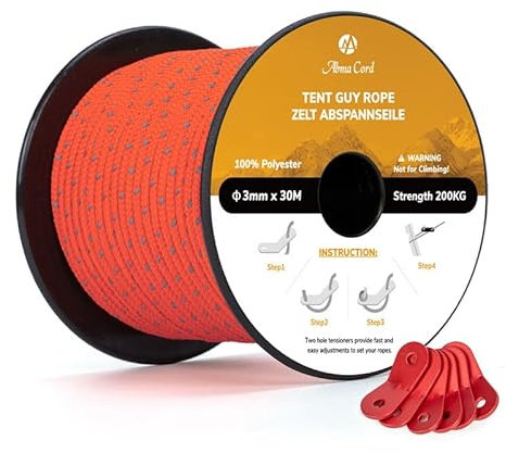 Abma Cord Tent Guy Ropes 3mm 30M Guy Line 6 Pcs Guy Rope Tensioners Heavy Duty Guide Rope for Camping, Gazebos, Awning, Tarp - Reflective Neon Orange