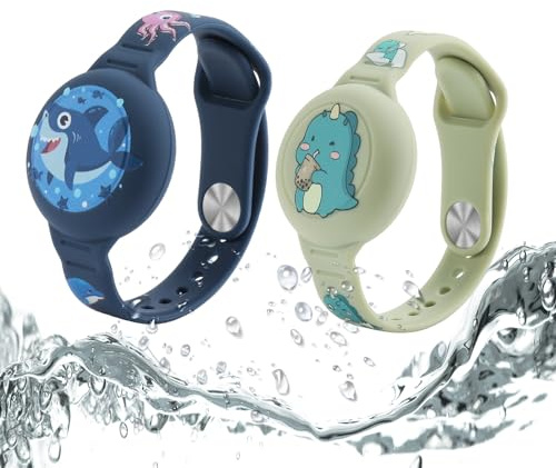 Dingfeiyu Braccialetto per Apple AirTag Impermeabile, Anti-smarrimento e Anti-graffio Custodia Cover AirTag per Bambini, Adolescenti, Anziani (blu squalo + verde dinosauro)