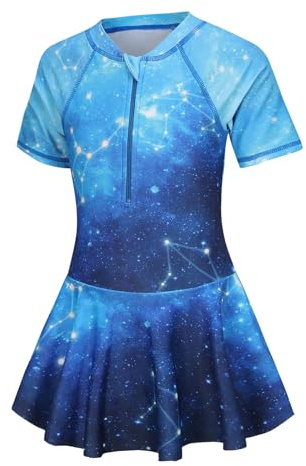 Aisyee Swimming Costume Girls Swimsuit Kids One Piece Swim Dress 5-16 Years | short sleeve UPF 50+ , quick-dry, soft & stretchy, cute skirt hem design, comfortable, durable, ideal for beach pool holiday