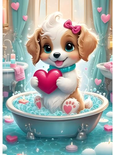 DPHERO DIY Welpe Diamant Painting Bilder für Erwachsene Anfänger,5D Cartoon Hund Diamond Painting Set,DIY Runde Steine Herz Diamant Kunst Kits,Haus Diamant Painting für Zuhause Dekor 30x40 cm