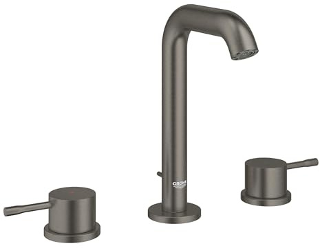GROHE Essence 20296AL1 Mitigeur lavabo 3 trous avec bonde pop-up (montage sur bec, taille M 193 mm, levier en métal à double poignée, disque céramique, aérateur économiseur d'eau 5,7 l/min), graphite