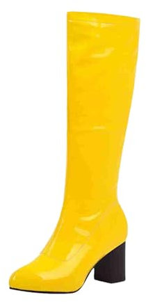 Stivali alti da donna in PU con punta grossa, comodi, non abrasivi, stivali alti al polpaccio per le donne con tacchi, Giallo, 39 EU