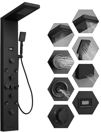 BWE Stainless Steel Shower Panel Tower System,Rainfall Waterfall Shower Head,3 Functions Handheld Shower Head,Two Modes Massage Body Jets,with Tub Spout,5 in 1 Shower Panel System,Matte Black