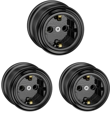 ledscom.de 3x Aufputzsteckdose Porzellan PORS, schwarz glänzend, rund, ⌀ 65 mm