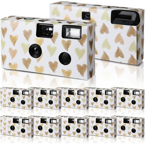 Kanayu 10 Pack Bulk Disposable Camera for Wedding, 35mm Single Use Camera with Flash Disposable Cameras One Time Camera for Wedding Anniversary Travel Camp Party Supplies(Retro Color Film, Gold Heart)