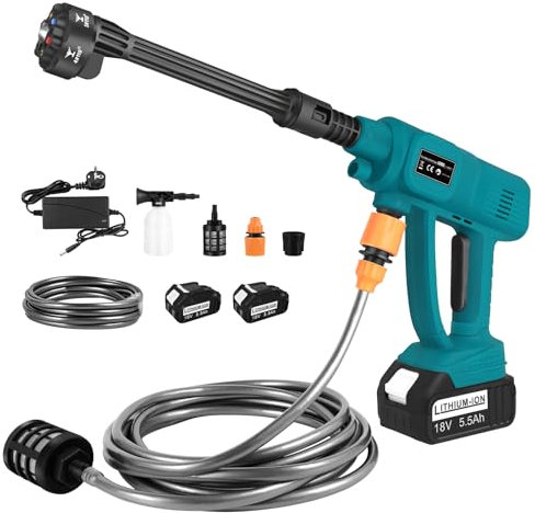 KEATFE Nettoyeur haute pression sans fil avec 2 batteries de 5500 mAh, buse de pulvérisation multifonction 6 en 1, nettoyeur haute pression, portable, sans fil, pour voitures, fenêtres, pelouses