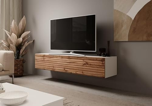 Generisch TV Schrank RTV 8 mit Lamellen Medienmöbel Lowboard (Weiss + Eiche WOTAN LAMELLEN)