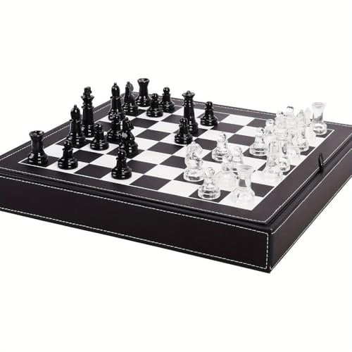 Luxus Glas Schachset für Erwachsene - 2 Extra Queens, Premium Leder Aufbewahrungsbox mit 33,5 cm Schachbrett Elegantes Brettspiel Geschenk