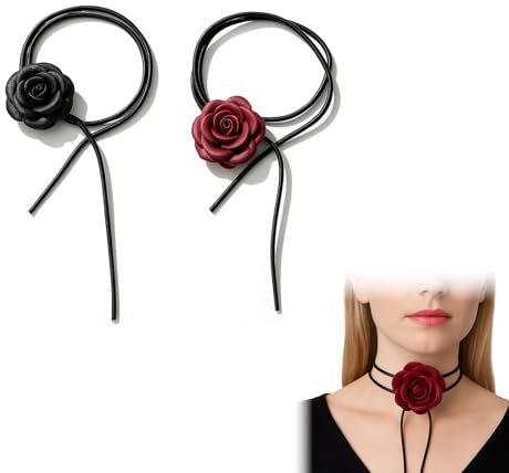 EUYKQNOI Collana Girocollo con Fiore Rosa per Donna - Choker Elegante con Rosa in Tessuto, Regalo Perfetto per San Valentino e Matrimoni, 2 Pezzi, Nero e Rosso, 120 cm, Boho Chic